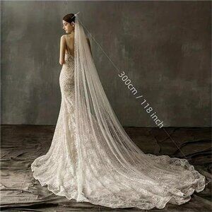 White Long Bridal Wedding Veil Pearl Lace Cathedral Wedding Veils 118" Luxurious